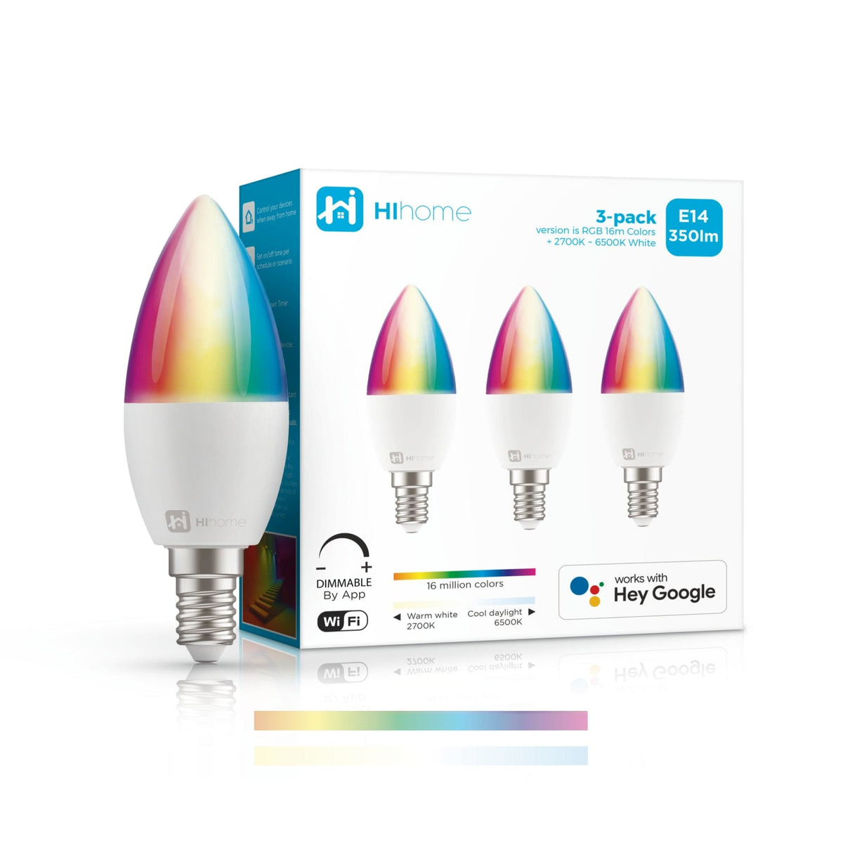 3-pack Hihome Smart LED WiFi Bulb E14 Gen.2 RGB 16M Colors + Warm White 2700K to Cool White 6500K